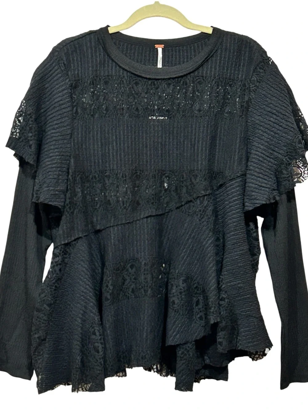 Free People Snowfall Boho Black Lace Asymmetric Whimsigoth Tunic Top Ruffle L